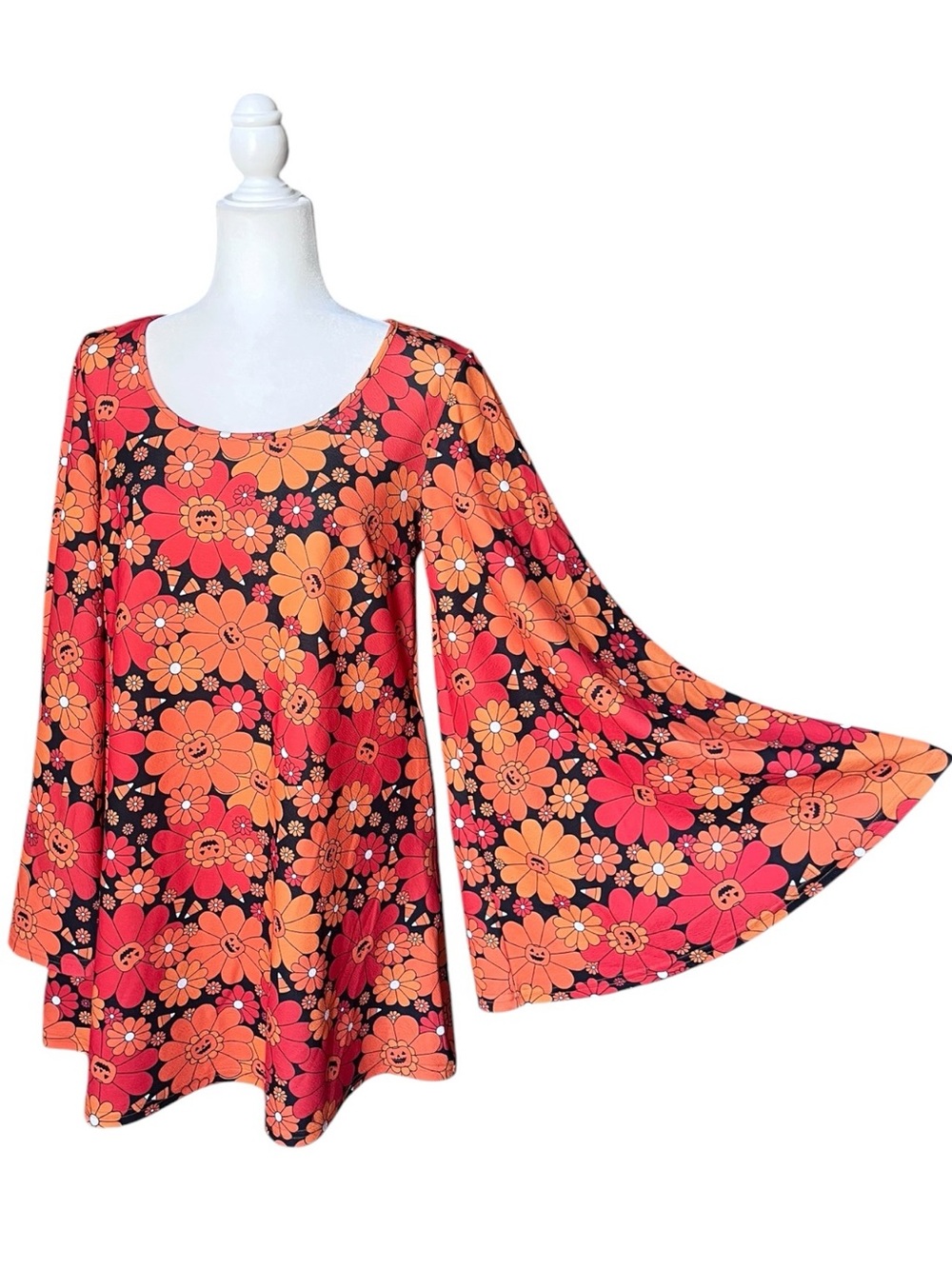 Smak Parlour Pumpkin Flower Power Retro Bell Sleeves Mod Mini Orange Dress Large
